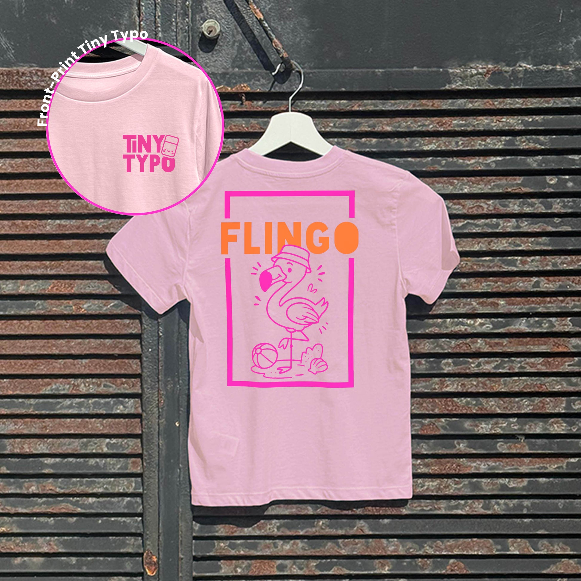Flingo Flamingo Kinder-T-Shirt – Bio, handbedruckt, rosa, Tiny Typo
