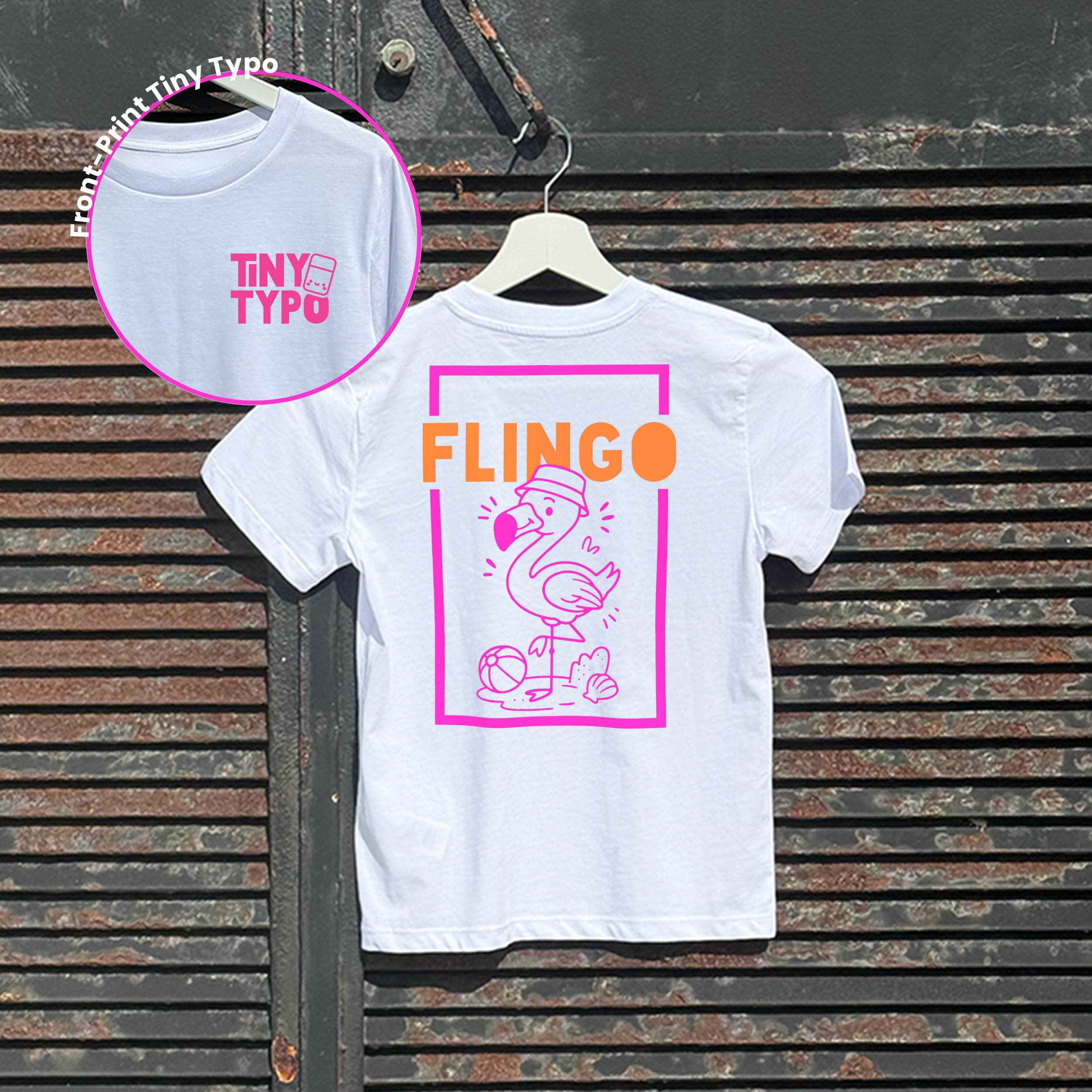 Flingo Flamingo Kinder-T-Shirt – Bio, handbedruckt, weiß, Tiny Typo