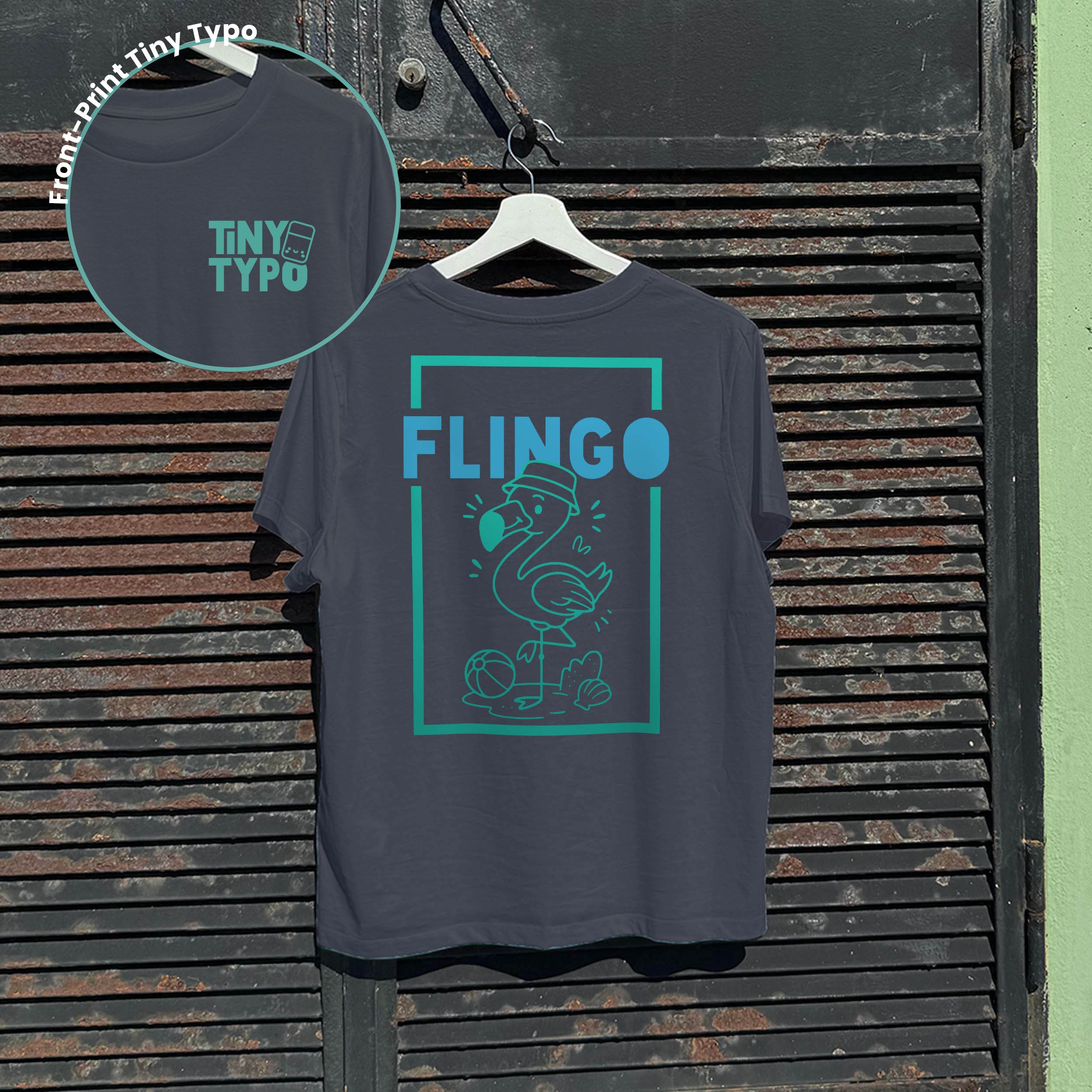 Flingo Flamingo Bio-T-Shirt – handbedruckt, nachhaltig, kurz und gut, Anthrazit, Tiny Typo
