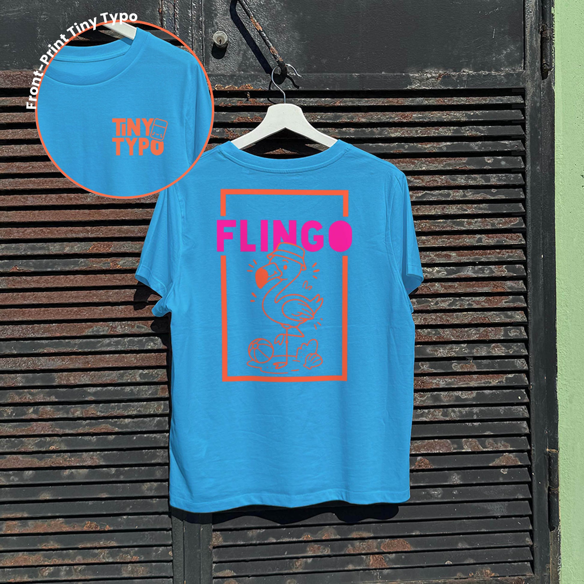 Flingo Flamingo Bio-T-Shirt – handbedruckt, nachhaltig, kurz und gut, blau, Tiny Typo