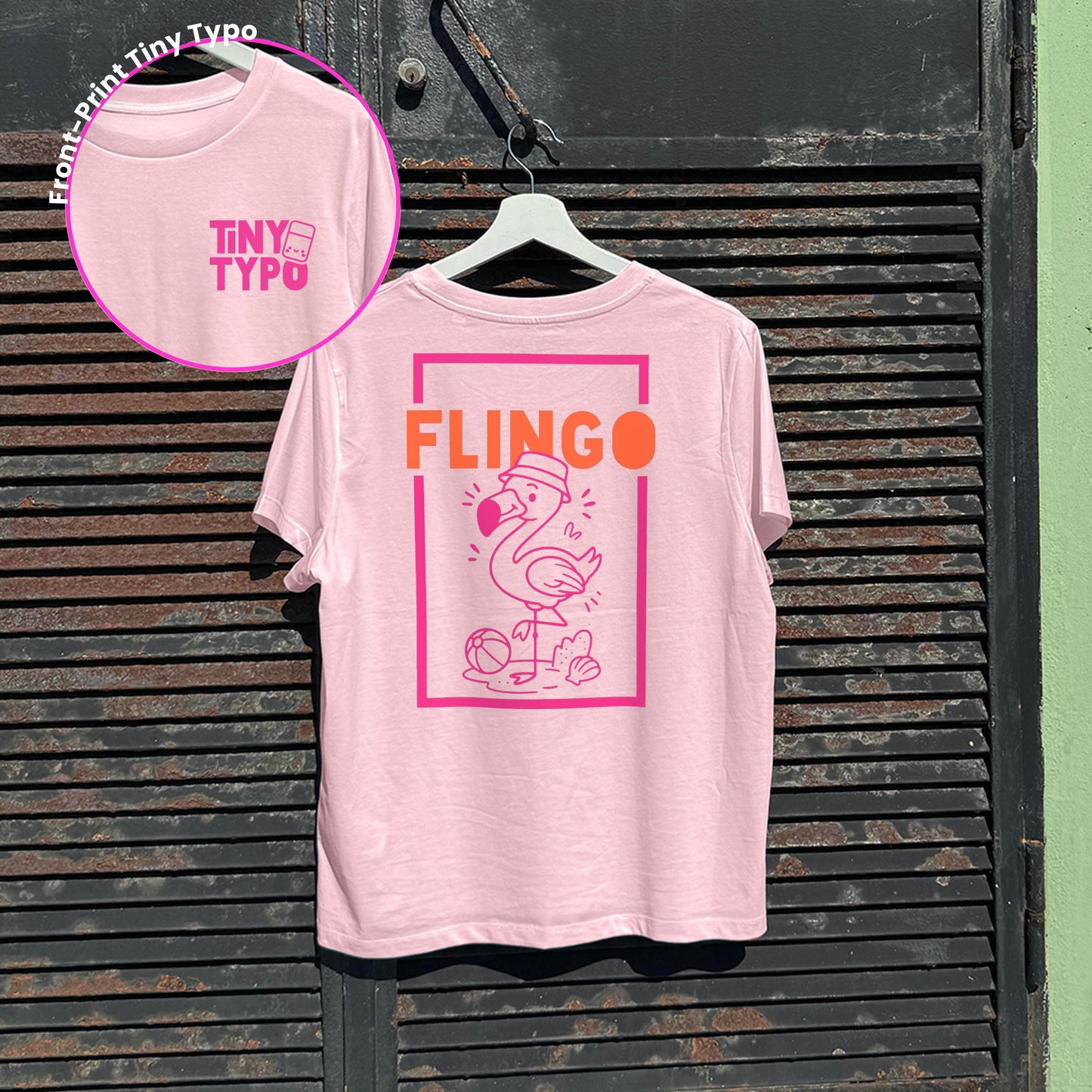 Flingo Flamingo Bio-T-Shirt – handbedruckt, nachhaltig, kurz und gut, rosa, Tiny Typo