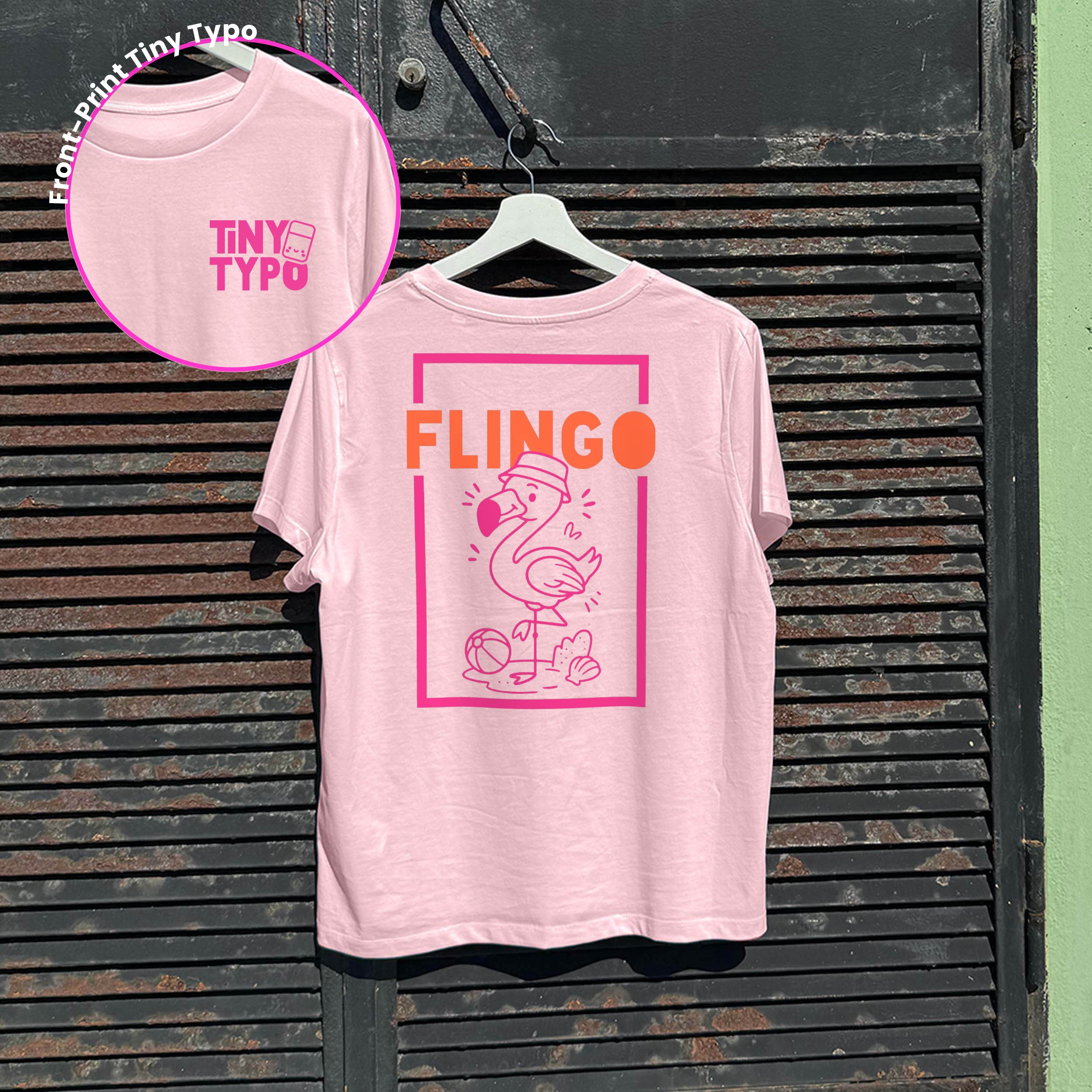 Flingo Flamingo Bio-T-Shirt – handbedruckt, nachhaltig, kurz und gut, rosa, Tiny Typo