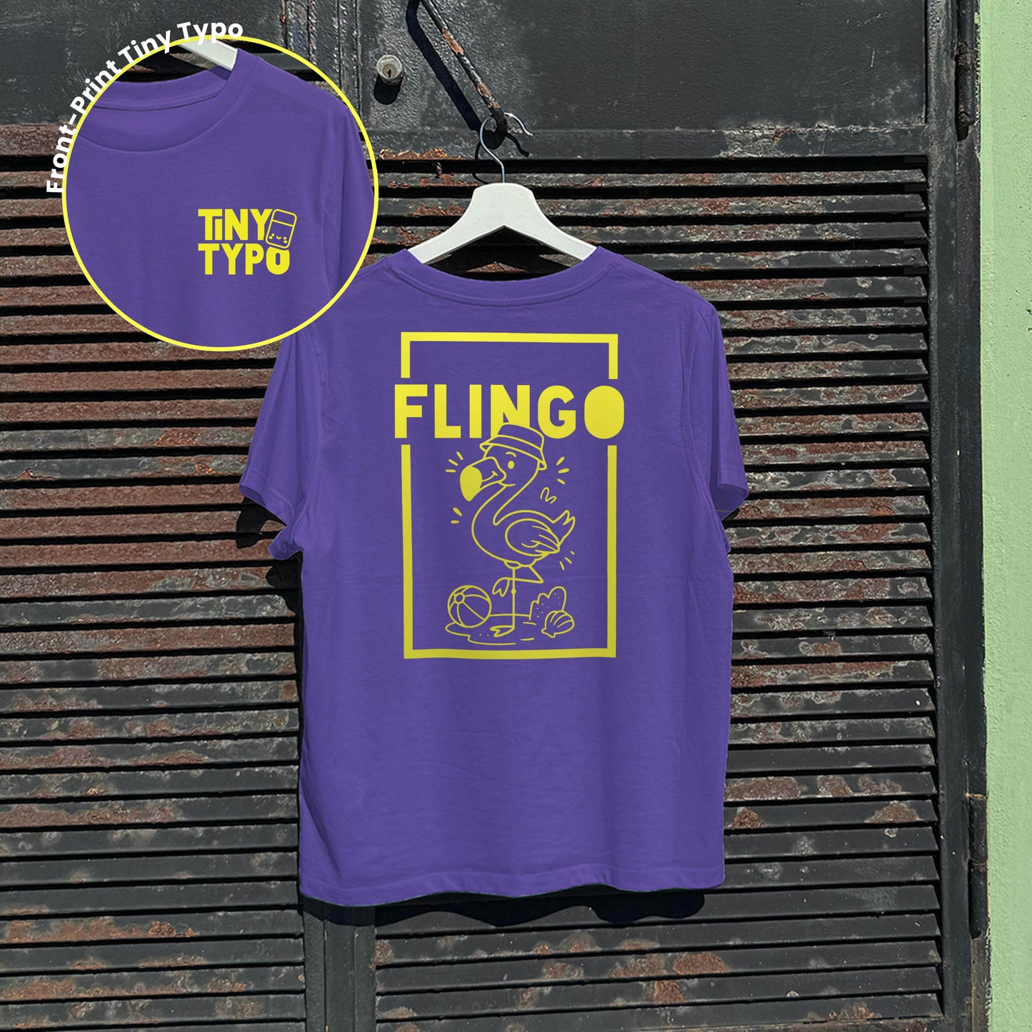 Flingo Flamingo Bio-T-Shirt – handbedruckt, nachhaltig, kurz und gut, lila, Tiny Typo