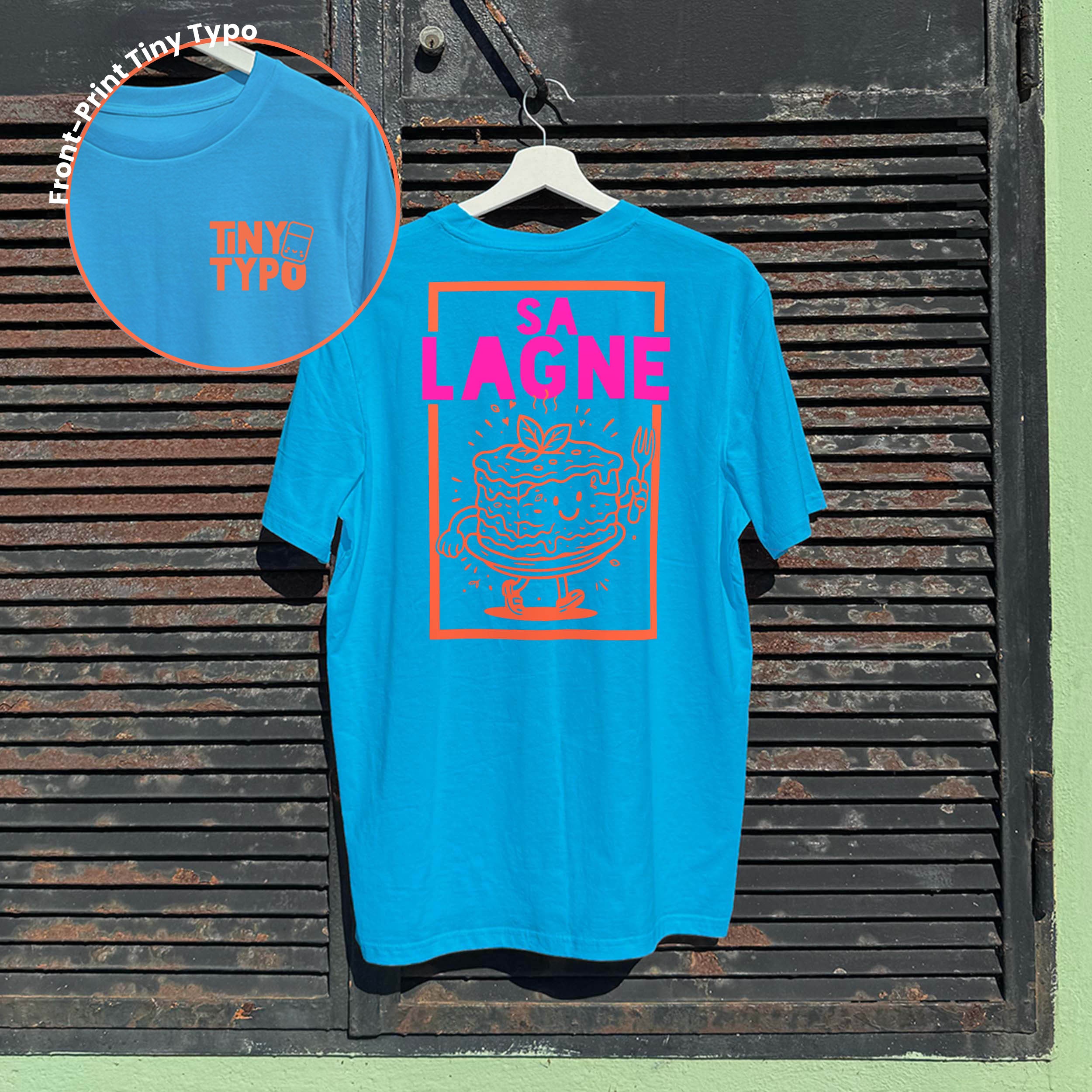 aLange Lasagne Kinder-T-Shirt – Bio, handbedruckt, lang und lässig, blau, Tiny Typo