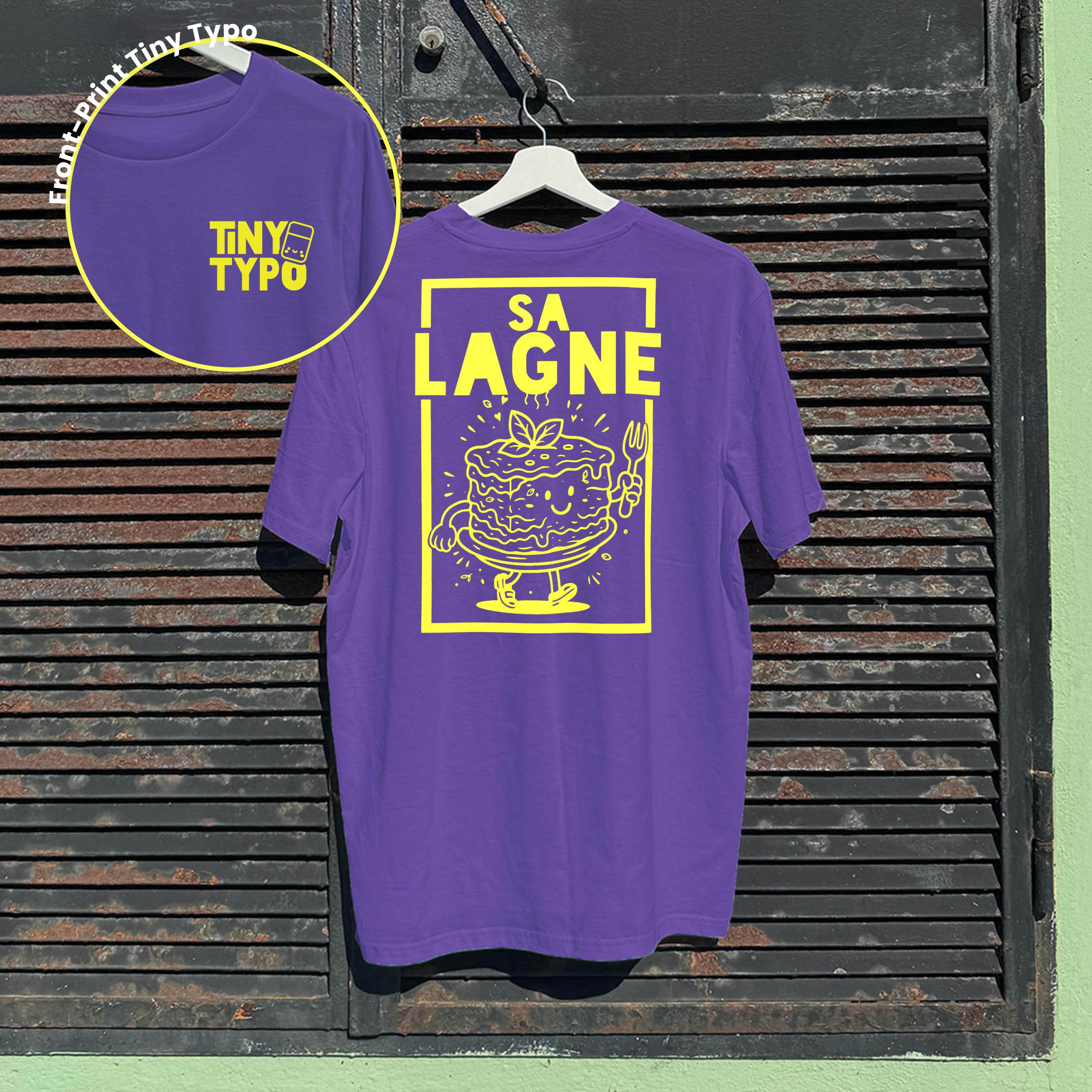 aLange Lasagne Kinder-T-Shirt – Bio, handbedruckt, lang und lässig, lila, Tiny Typo