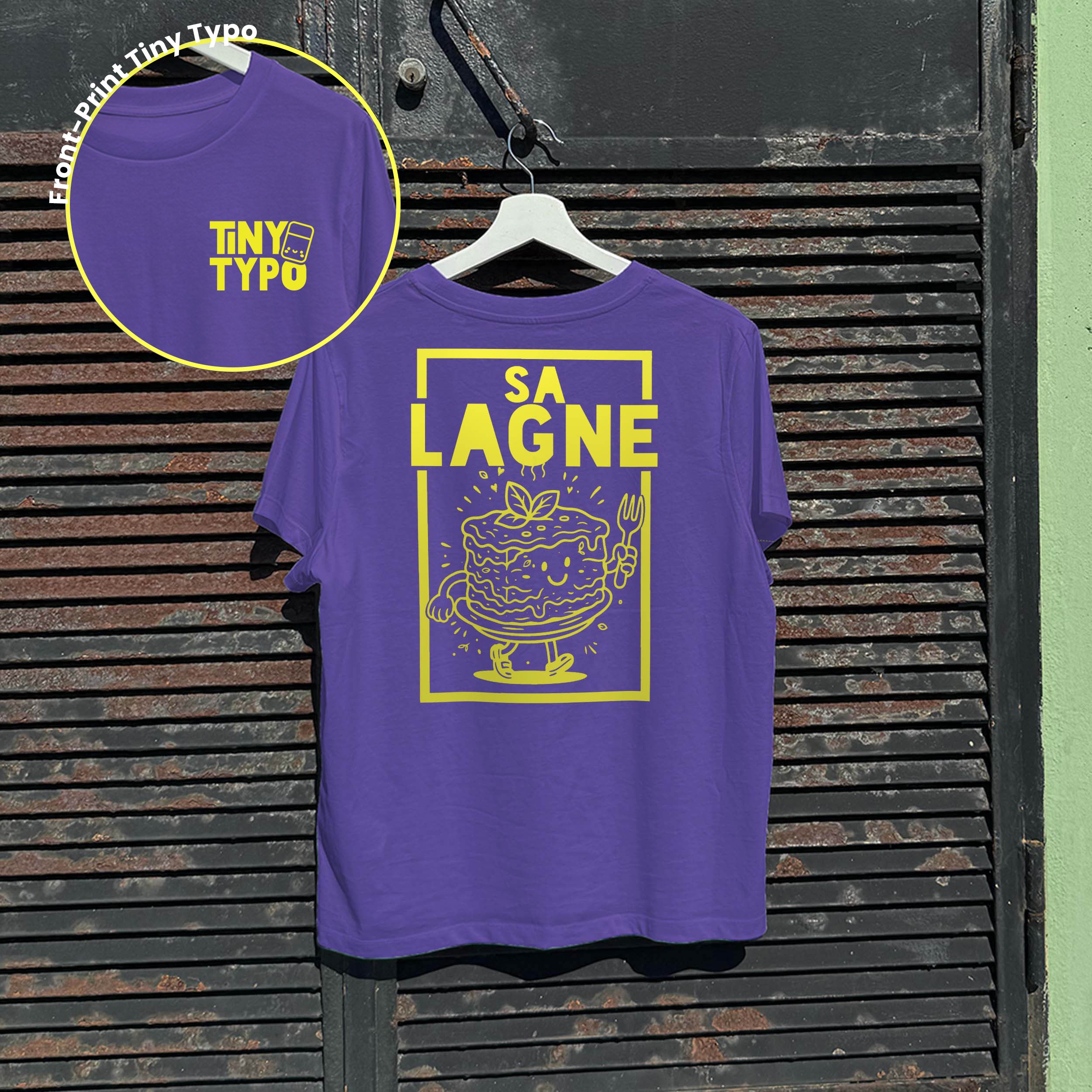 aLange Lasagne Kinder-T-Shirt – Bio, handbedruckt, kurz und gut, lila, Tiny Typo