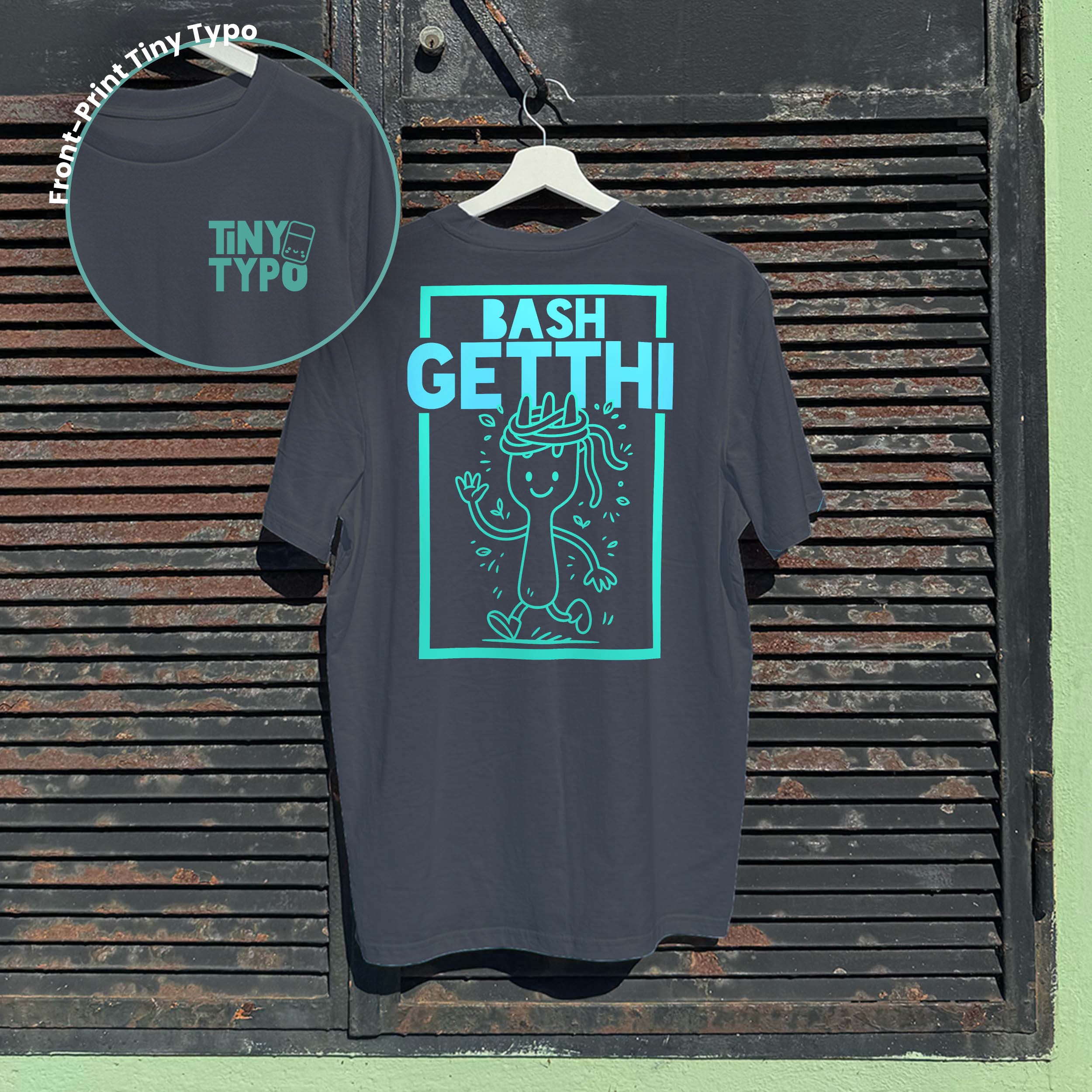 Bashgetthi Spaghetti Bio-T-Shirt – handbedruckt, nachhaltig, lang und lässig, anthrazit, Tiny Typo