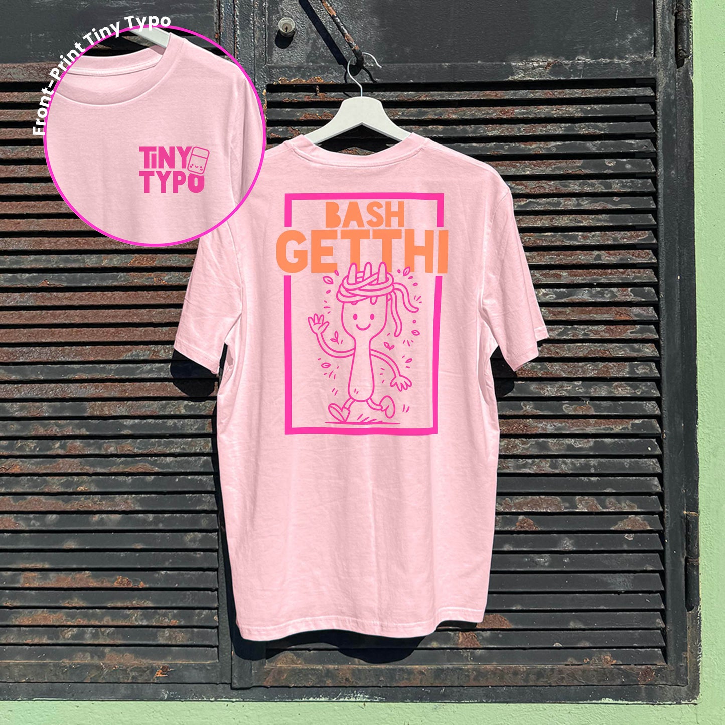 Bashgetthi Spaghetti Bio-T-Shirt – handbedruckt, nachhaltig, lang und lässig, rosa, Tiny Typo