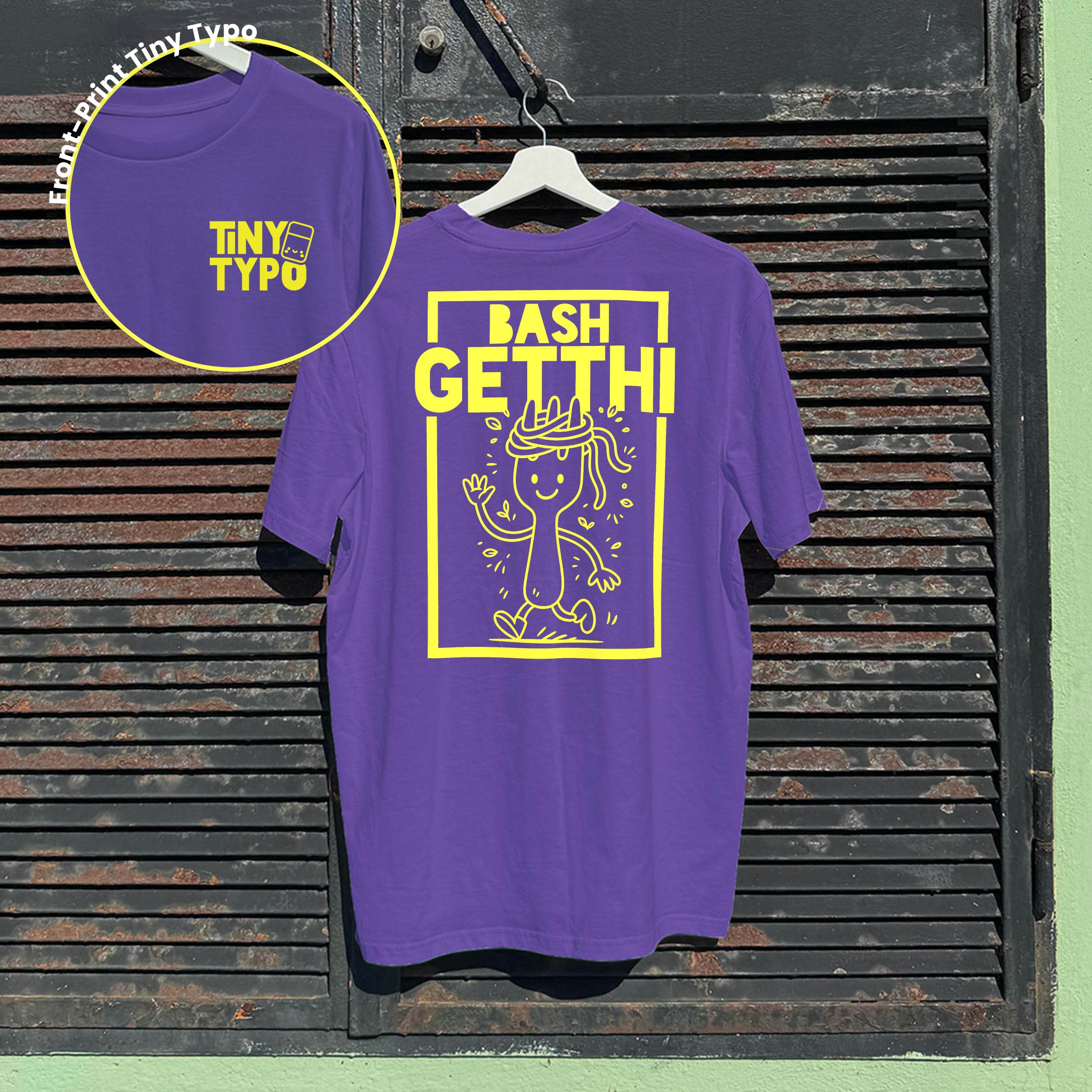 Bashgetthi Spaghetti Bio-T-Shirt – handbedruckt, nachhaltig, lang und lässig, lila, Tiny Typo