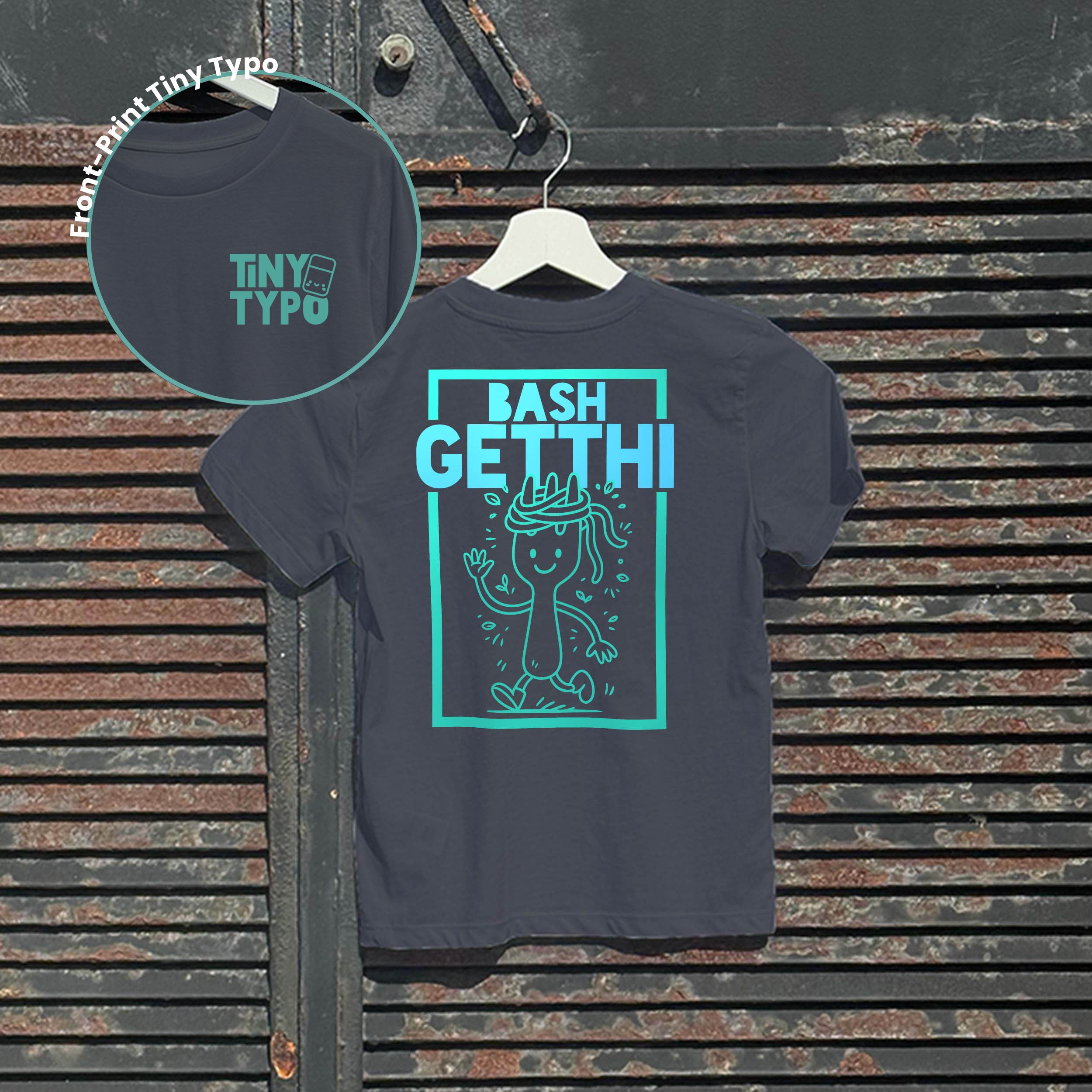 Bashgetthi Spaghetti Kinder-T-Shirt – Bio, handbedruckt, Tiny Typo, anthrazit 