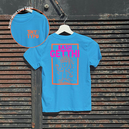 Bashgetthi Spaghetti Kinder-T-Shirt – Bio, handbedruckt, Tiny Typo, blau 