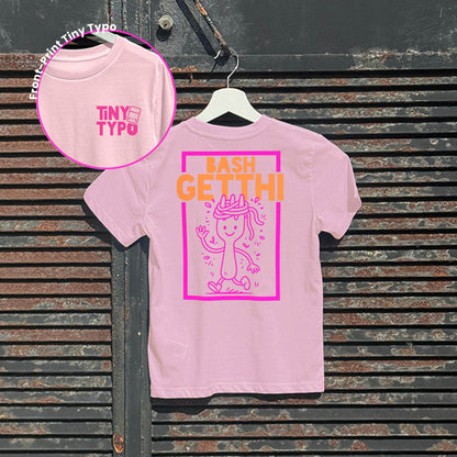 Bashgetthi Spaghetti Kinder-T-Shirt – Bio, handbedruckt, Tiny Typo, rosa 