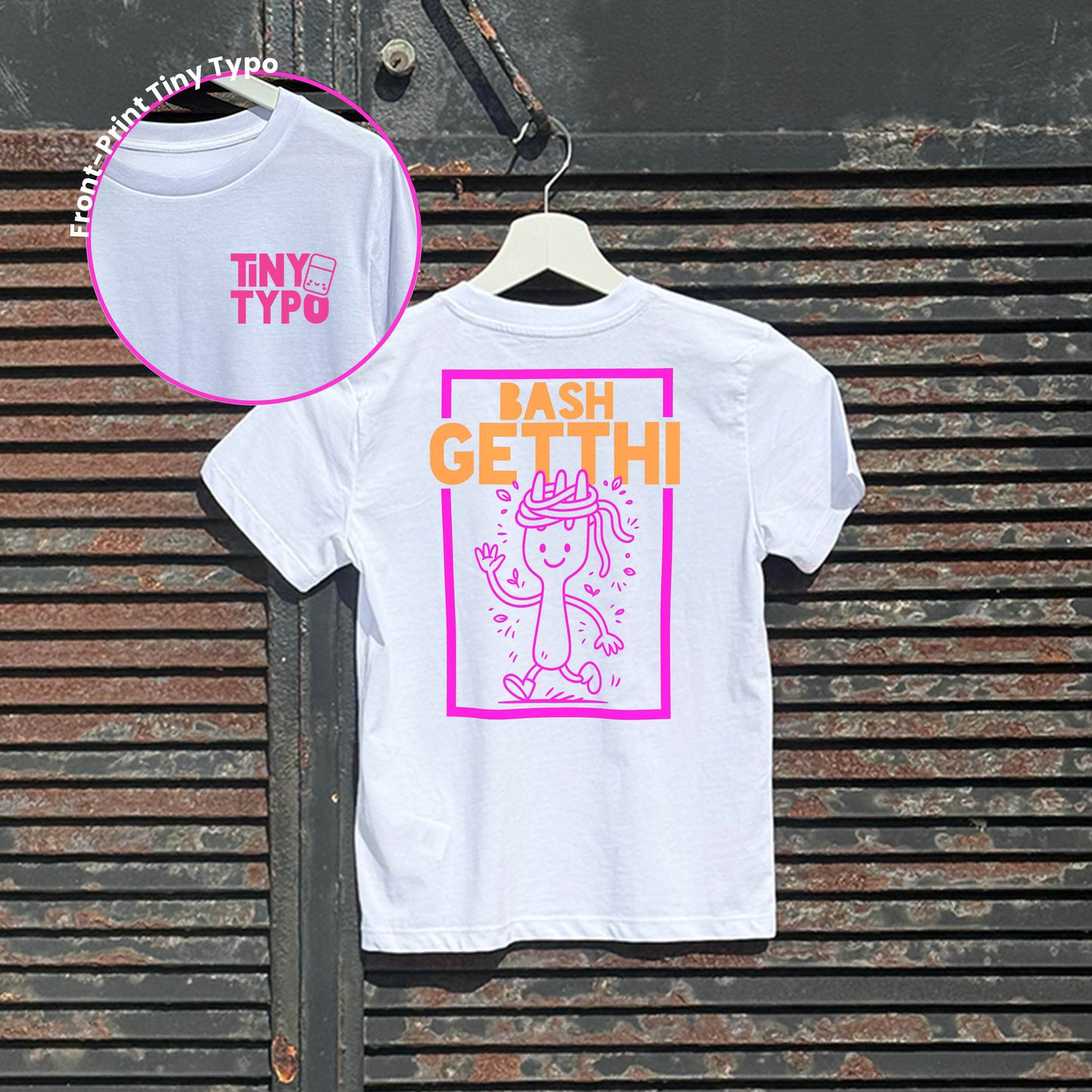 Bashgetthi Spaghetti Kinder-T-Shirt – Bio, handbedruckt, Tiny Typo, weiß 