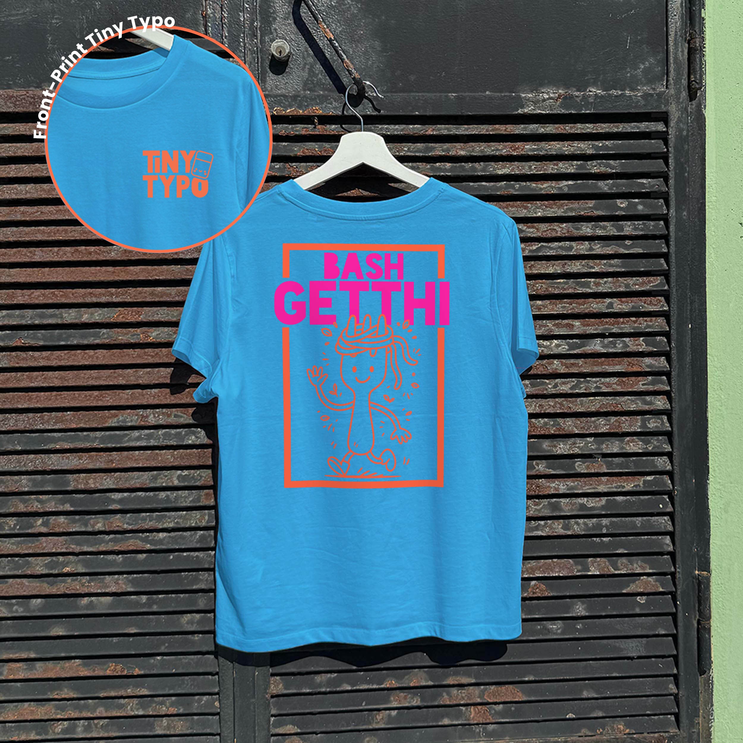 Bashgetthi Spaghetti Bio-T-Shirt – handbedruckt, nachhaltig, kurz und gut, blau, Tiny Typo