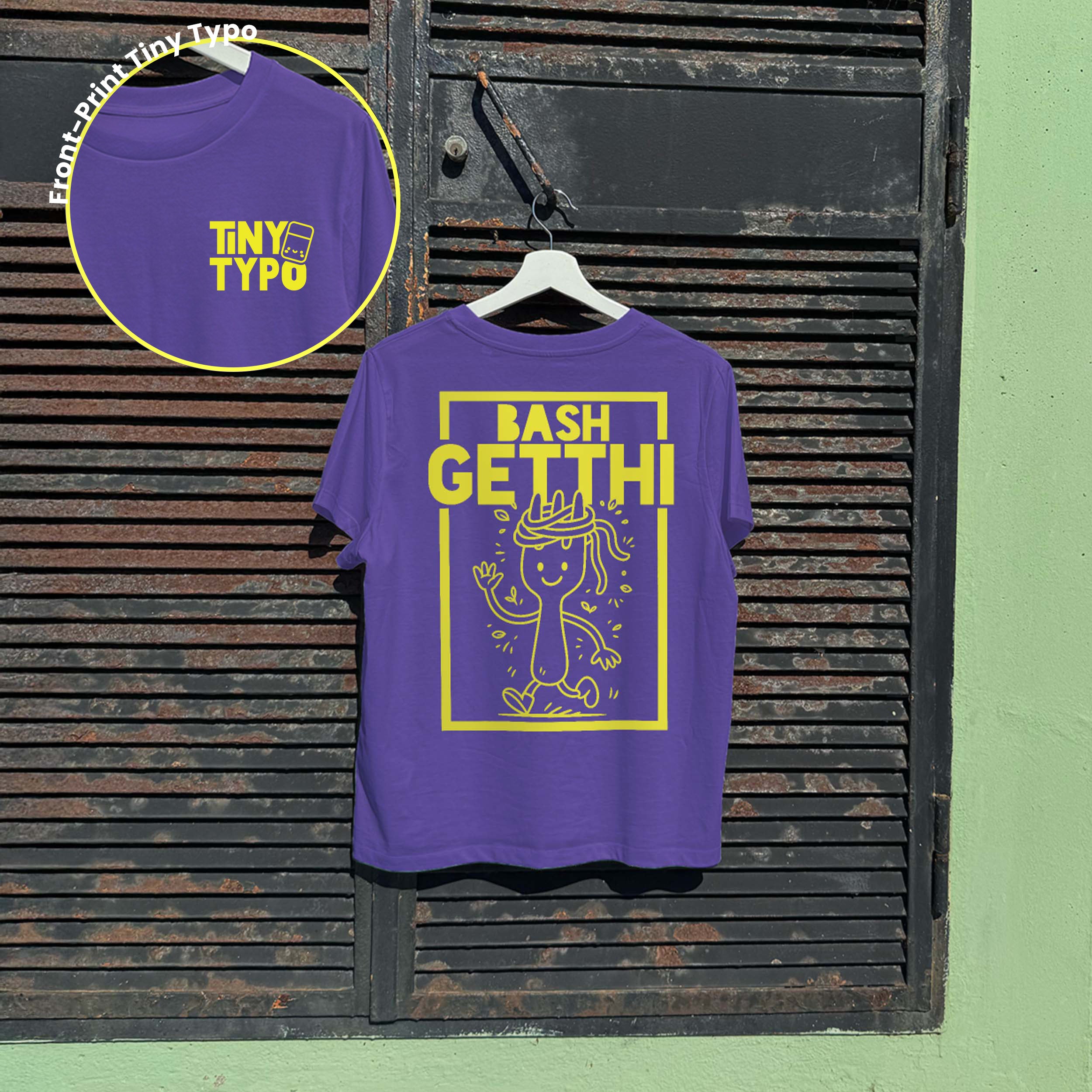 Bashgetthi Spaghetti Bio-T-Shirt – handbedruckt, nachhaltig, kurz und gut, lila, Tiny Typo