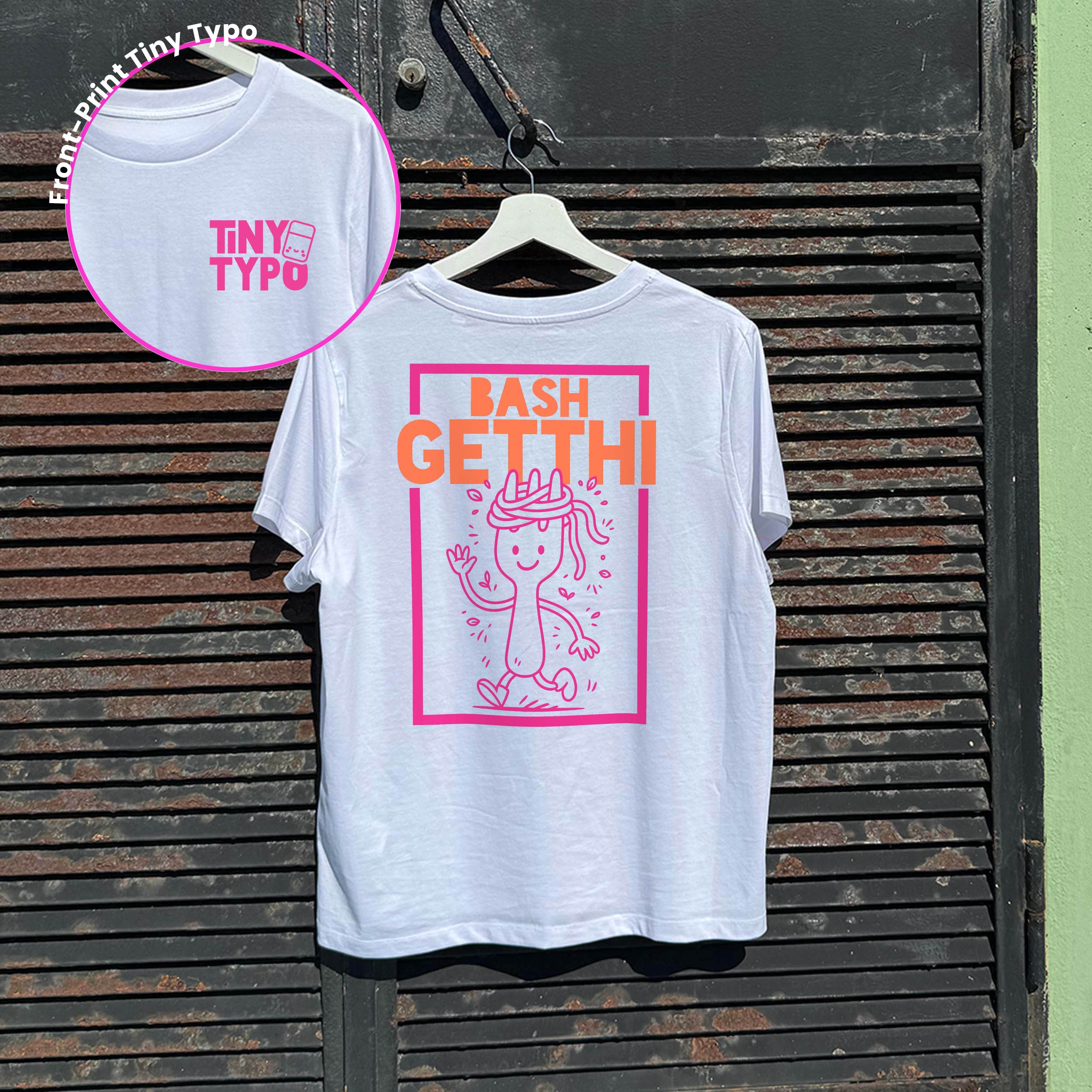 Bashgetthi Spaghetti Bio-T-Shirt – handbedruckt, nachhaltig, kurz und gut, weiß, Tiny Typo
